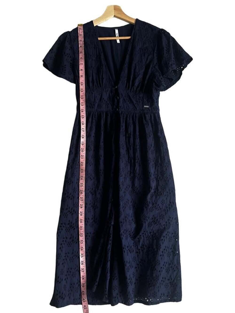 Pepe Jeans London Navy Blue Cotton Eyelet Embroidered Midi Dress, Size S - Picture 5 of 7